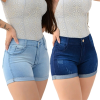 Kit com 2 Shorts Jeans Feminino Azul Claro e Escuro com Barra Dobrada